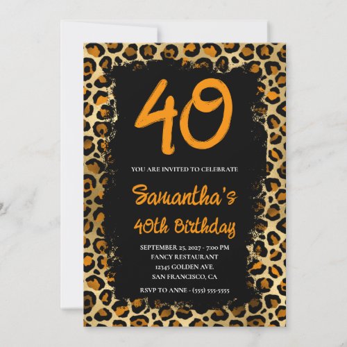 Copper Gold Leopard Painted Black 40th Birthday Invitation