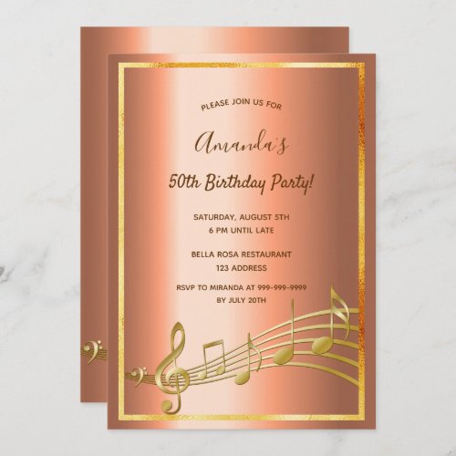 Copper gold music notes birthday invitation