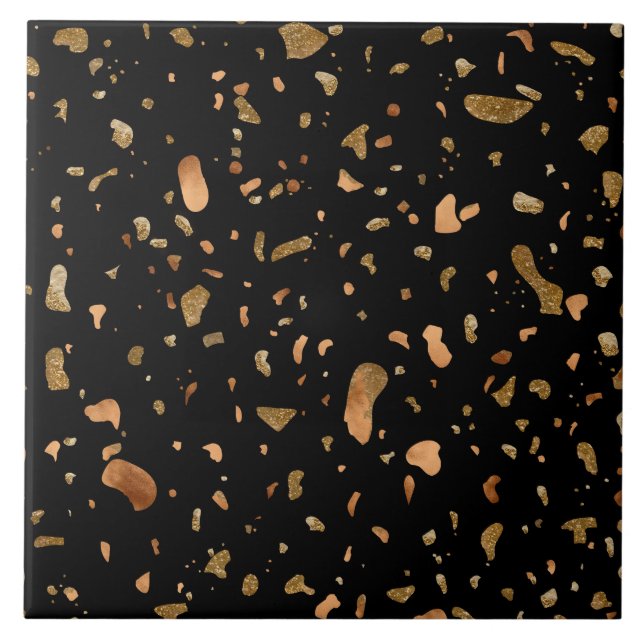 Copper Gold on Black Terrazzo Stone Ceramic Tile (Front)