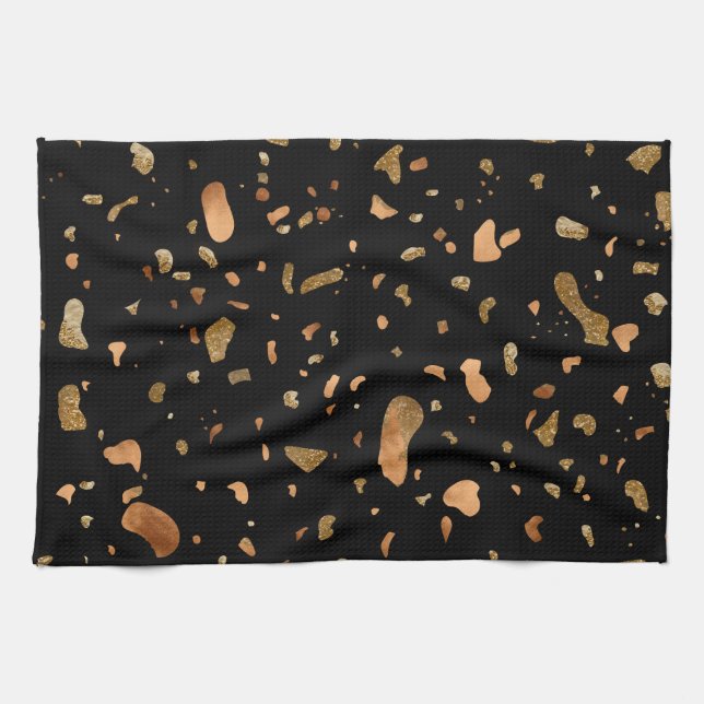 Copper Gold on Black Terrazzo Stone Kitchen Towel (Horizontal)