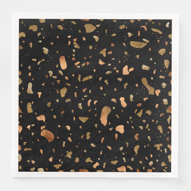 Copper Gold on Black Terrazzo Stone Paper Dinner Napkins (Front)