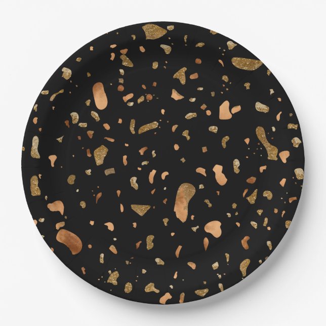 Copper Gold on Black Terrazzo Stone Paper Plates (Front)