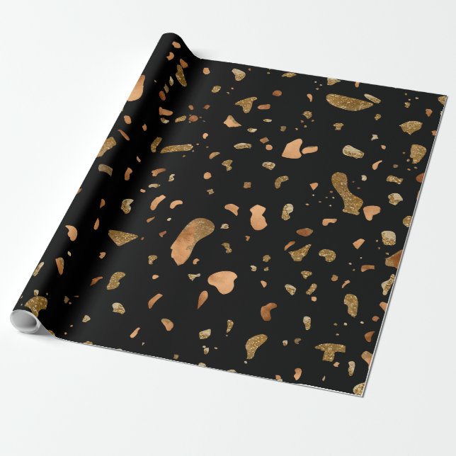 Copper Gold on Black Terrazzo Stone Wrapping Paper (Unrolled)