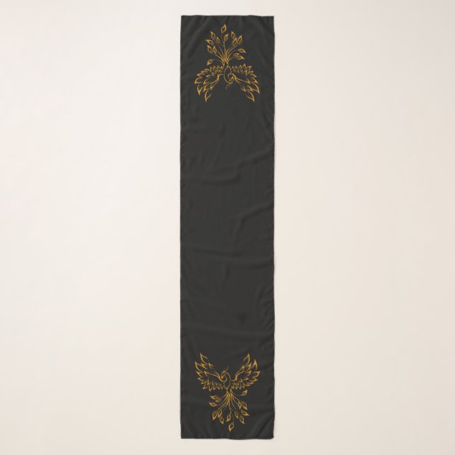 Copper Gold Phoenix Rises on Black Chiffon  Scarf (Front)