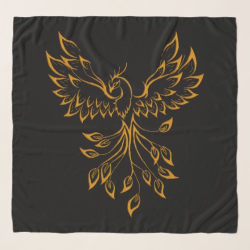 Copper Gold Phoenix Rises on Black Chiffon  Scarf