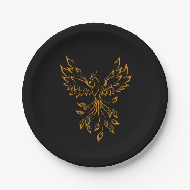 Copper Gold Phoenix Rises on Black  Paper Plates (Front)