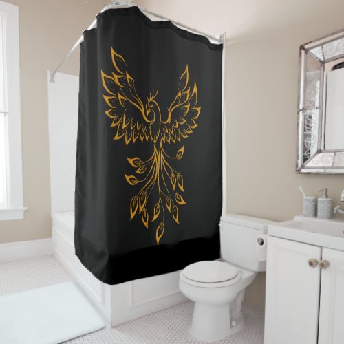 Copper Gold Phoenix Rises on Black Shower Curtain