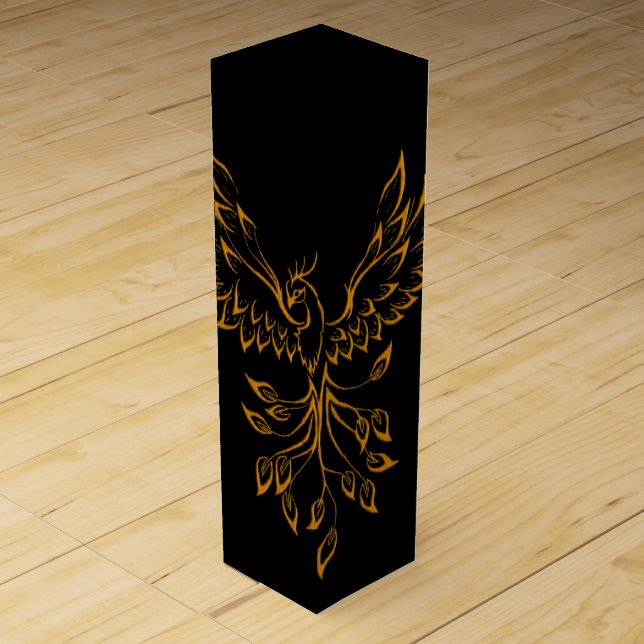 Copper Gold Phoenix Rises on Black  Wine Box (Front)