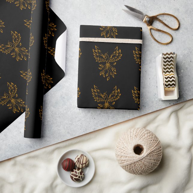 Copper Gold Phoenix Rises on Black Wrapping Paper (Crafts)