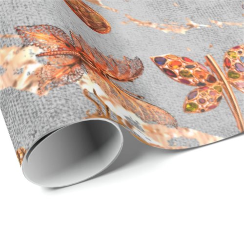 Copper Gray Gold  Meadow Butterfly Insects Gem Wrapping Paper