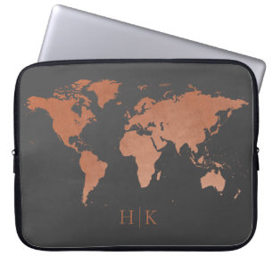 Copper Gray Professional World Map Monogrammed Laptop Sleeve