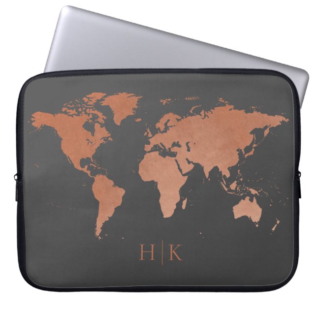 Copper Gray Professional World Map Monogrammed Laptop Sleeve (Front)