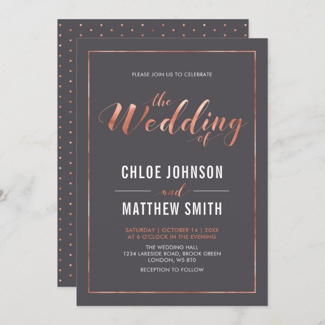 Copper & Gray | Simple Modern Typography Wedding Invitation (Front/Back)