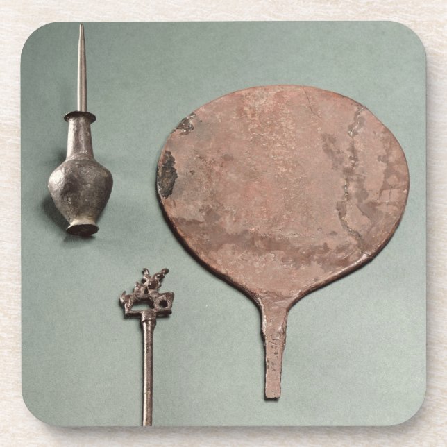 Copper hairpin, collyrium rod with pot and mirror, beverage coaster (Front)