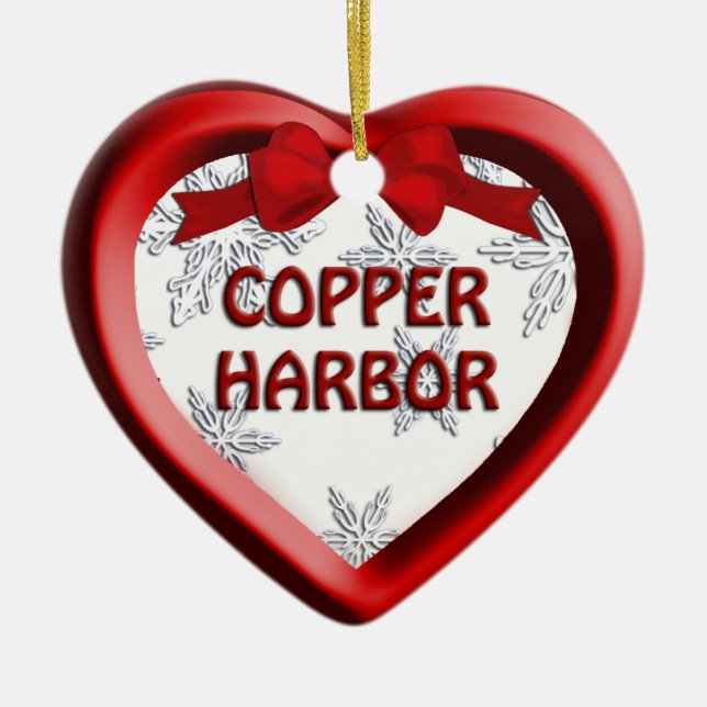 Copper Harbor Michigan Snowflake Heart Ornament (Front)