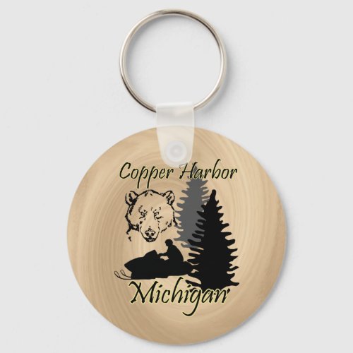 Copper Harbor Michigan Snowmobile Bear Basic 3 Keychain