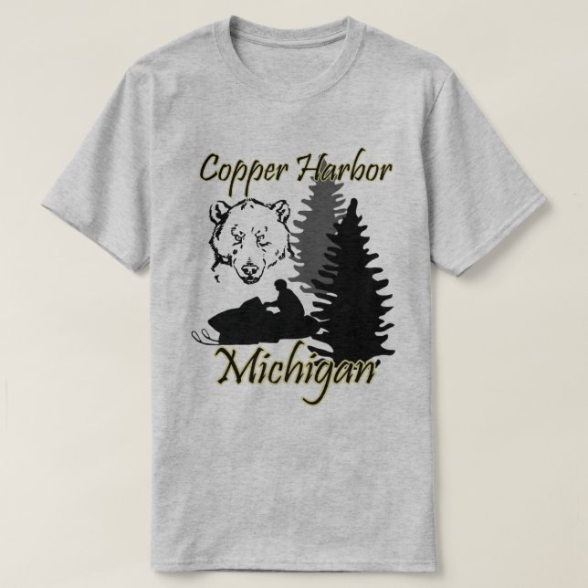 Copper Harbor Michigan Snowmobile Bear Basic Grey T-Shirt (Design Front)