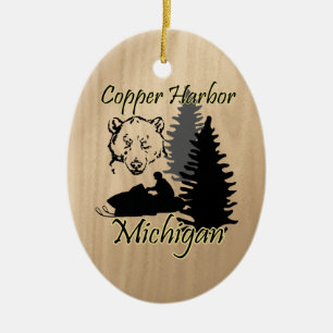 Copper Harbor Michigan Snowmobile Bear Ceramic Ornament