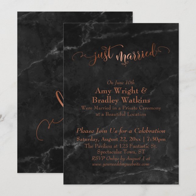 Copper Just Married Script over Black Marble Invitation (Front/Back)