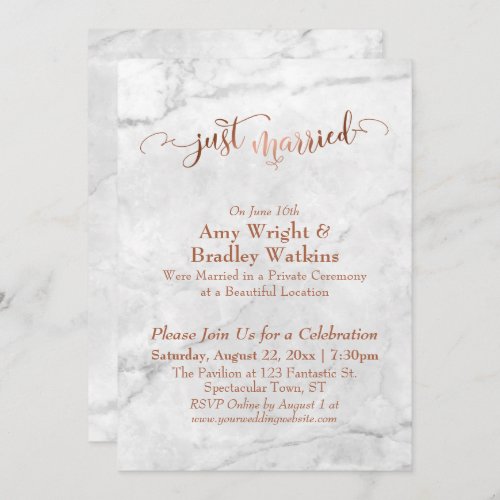 Copper Just Married Script over White Marble Invitation