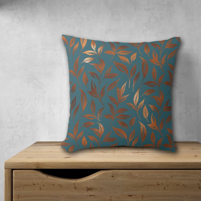 Copper Leaves Vine on Dusty Blue Throw Pillow (Creator Uploaded)