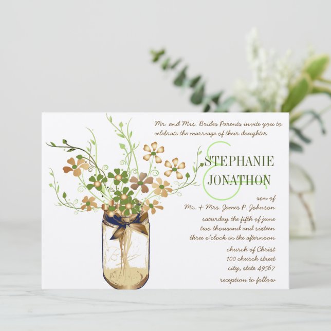 Copper Lime Olive Mason Jar Wild Flower Wedding Invitation (Standing Front)