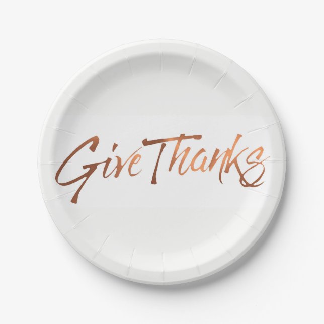Copper-look Give Thanks script Thanksgiving design Paper Plates (Front)