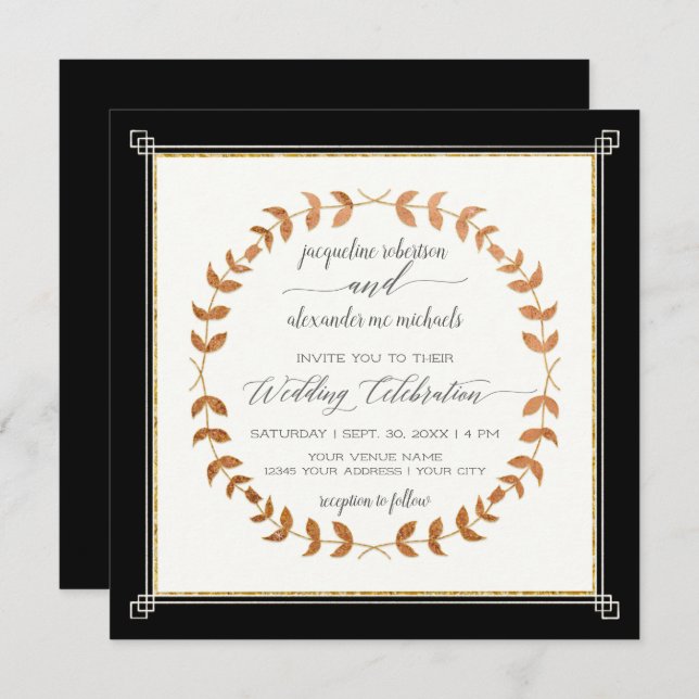 Copper Look Laurel Leaf Wreath Black Tie Elegant Invitation (Front/Back)