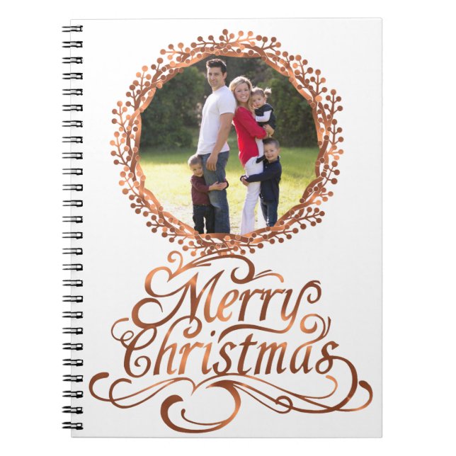 Copper-look Merry Christmas script & berry wreath Notebook (Front)