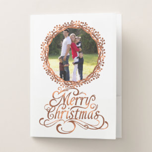 Copper-look Merry Christmas script & berry wreath Pocket Folder
