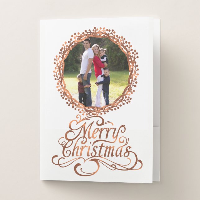 Copper-look Merry Christmas script & berry wreath Pocket Folder (Front)