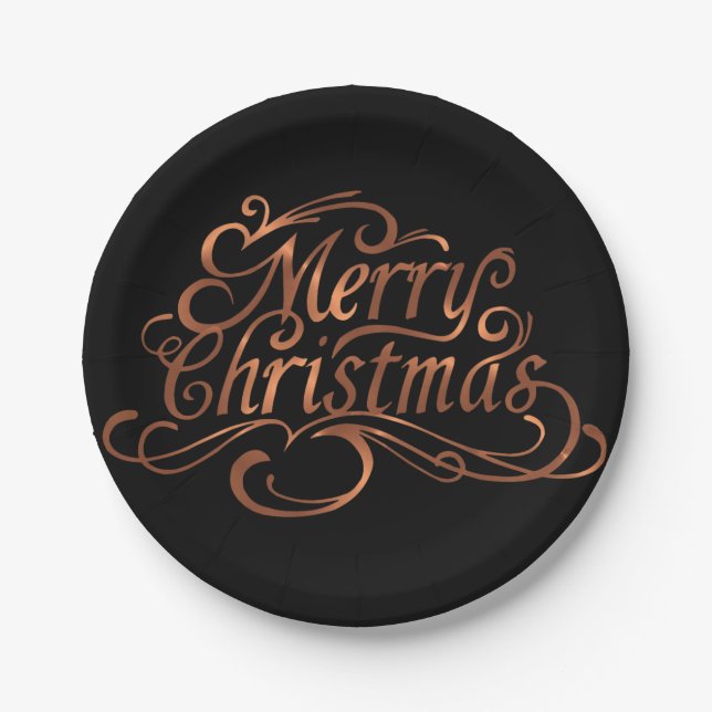 Copper-look Merry Christmas script design Paper Plates (Front)