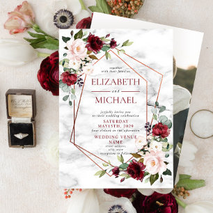 Copper Marble Geometric Burgundy Photo Wedding Invitation