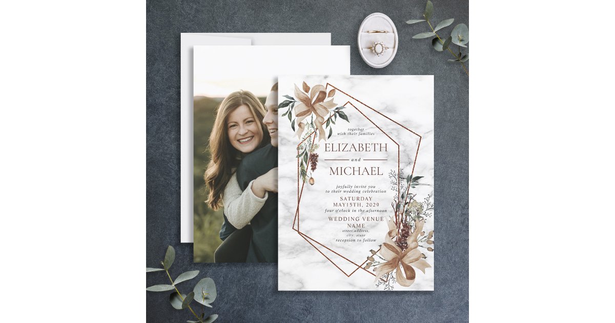 Copper Marble Geometric Photo Winter Wedding Invitation | Zazzle