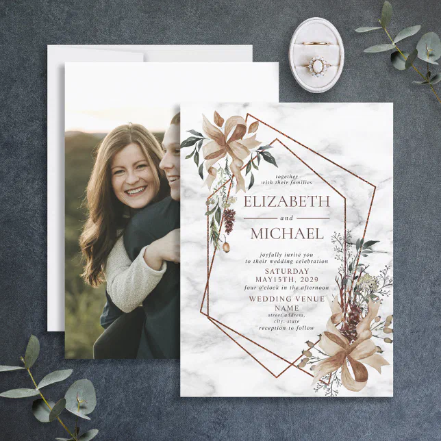 Copper Marble Geometric Photo Winter Wedding Invitation | Zazzle