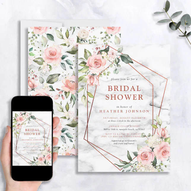 Copper Marble Geometric Pink Floral Bridal Shower Invitation | Zazzle