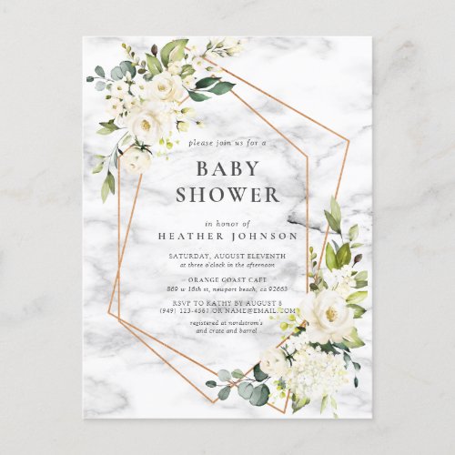 Copper Marble Geometric White Floral Baby Shower Announcement Postcard - Modern and trendy, this bridal shower postcard invitation design features a faux copper geometric embellished with watercolor white floral and eucalyptus greenery floral arrangements, over a faux white marble texture. Copyright Elegant Invites. All rights reserved.