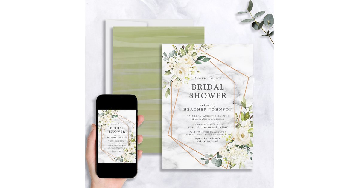 Copper Marble Geometric White Floral Bridal Shower Invitation | Zazzle