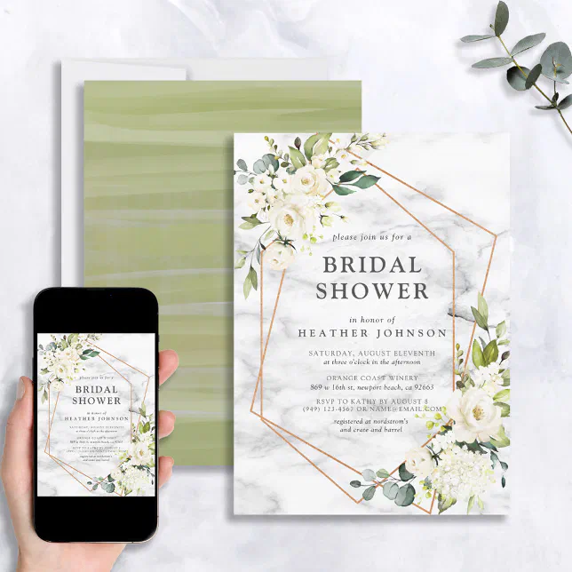 Copper Marble Geometric White Floral Bridal Shower Invitation | Zazzle