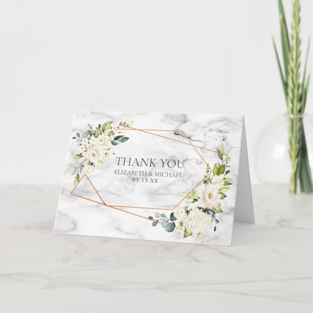Copper Marble Geometric White Floral Photo Wedding Card (Front)