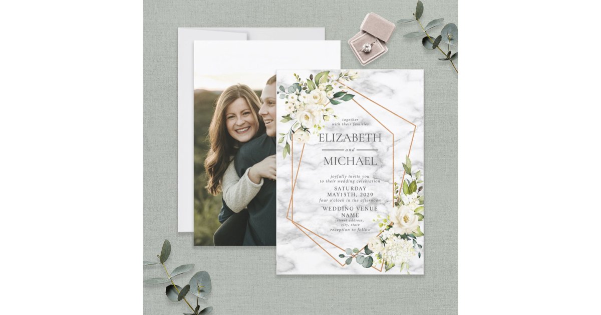 Copper Marble Geometric White Floral Photo Wedding Invitation | Zazzle