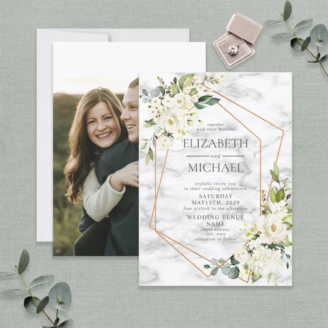 Copper Marble Geometric White Floral Photo Wedding Invitation | Zazzle