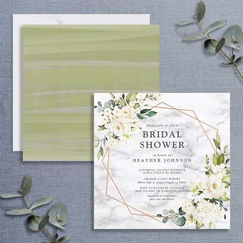 Copper Marble Geometric White Floral Square Shower Invitation