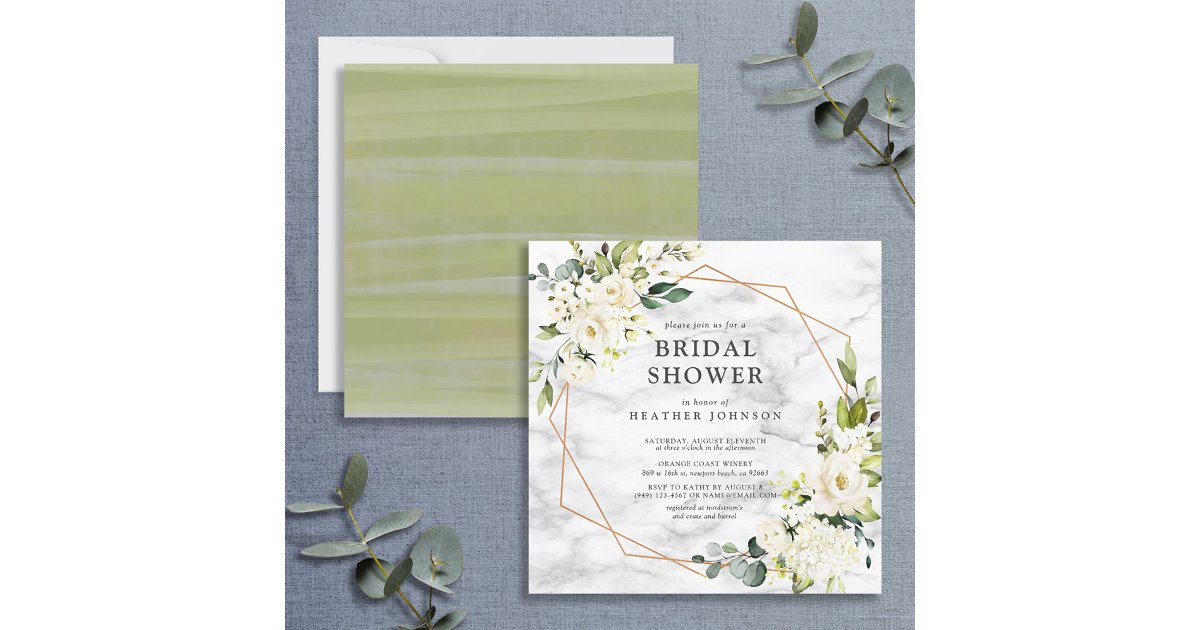 Copper Marble Geometric White Floral Square Shower Invitation | Zazzle