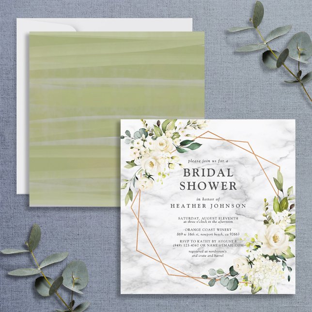 Copper Marble Geometric White Floral Square Shower Invitation (Creator Uploaded)