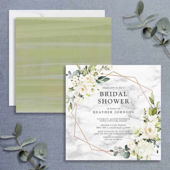 Copper Marble Geometric White Floral Square Shower Invitation | Zazzle