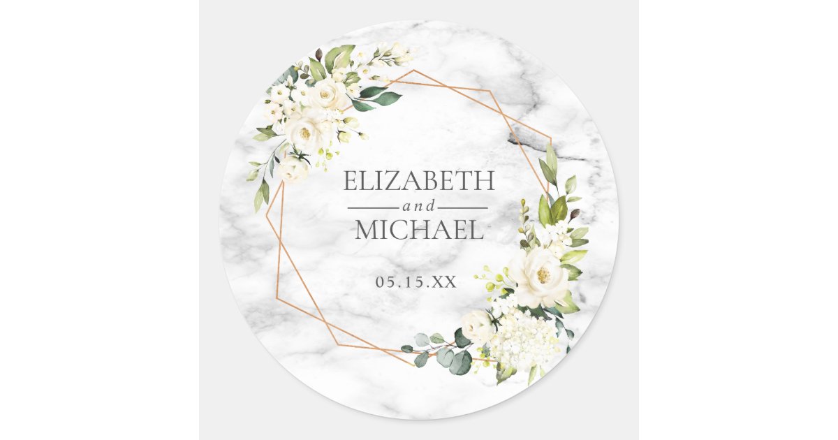 Copper Marble Geometric White Floral Wedding Classic Round Sticker | Zazzle