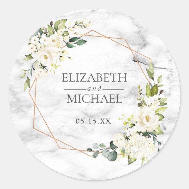 Copper Marble Geometric White Floral Wedding Classic Round Sticker (Front)