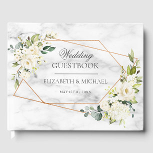 Copper Marble Geometric White Floral Wedding Guest Book