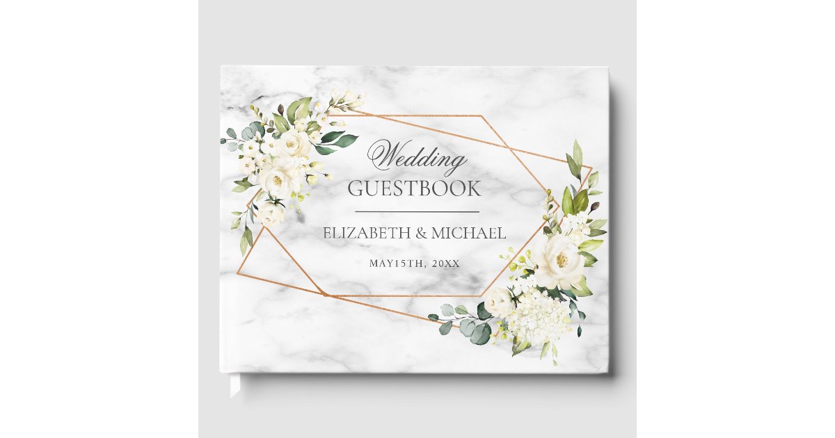 Copper Marble Geometric White Floral Wedding Guest Book | Zazzle
